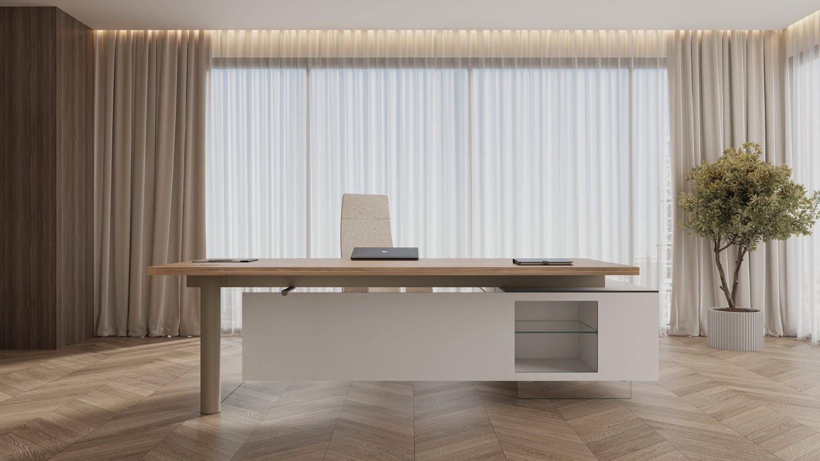 Escritorio de dirección moderno Cloud de Codutti con tapa de cristal templado