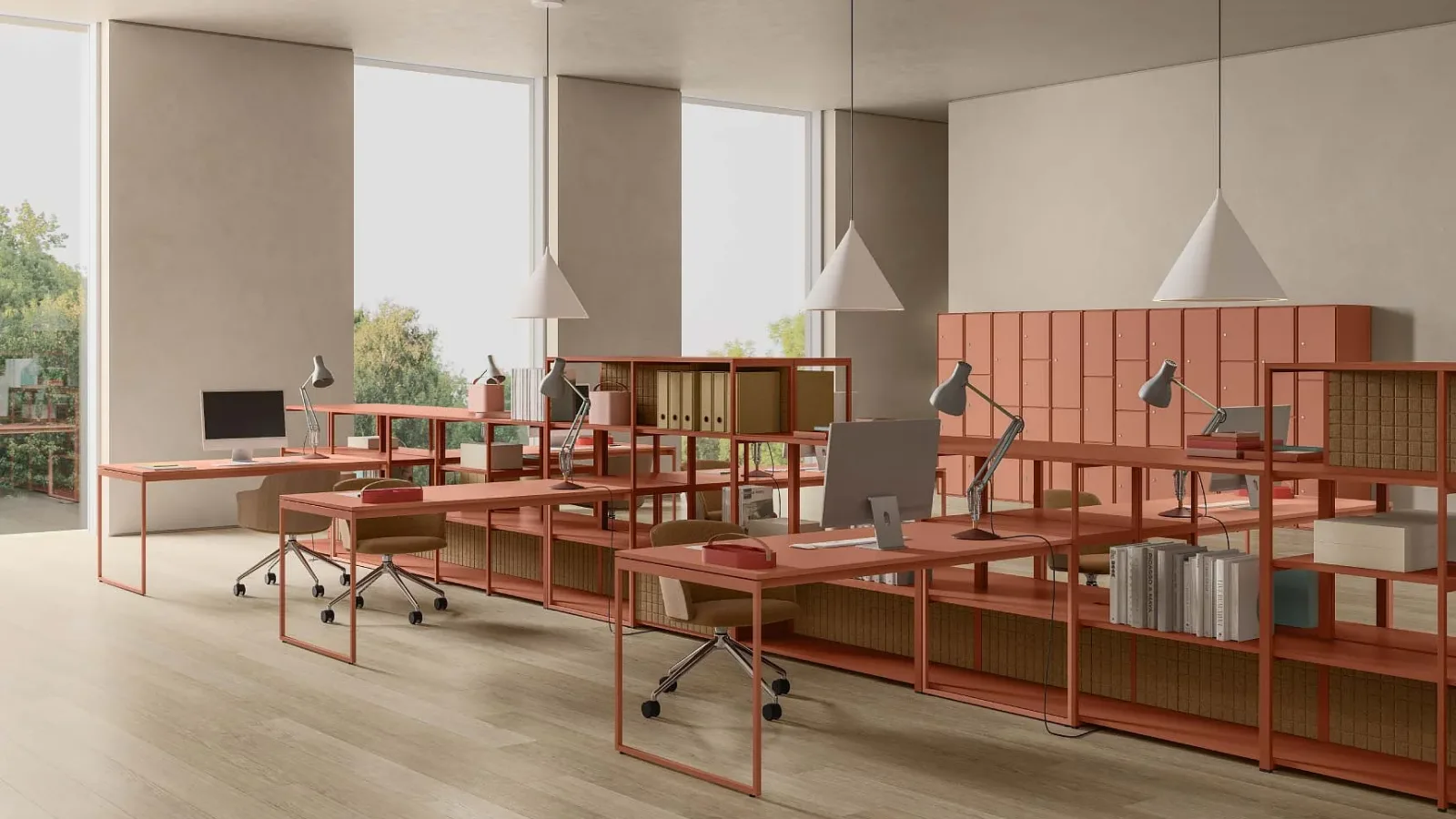 Estantería Line System de Dieffebi en un espacio coworking