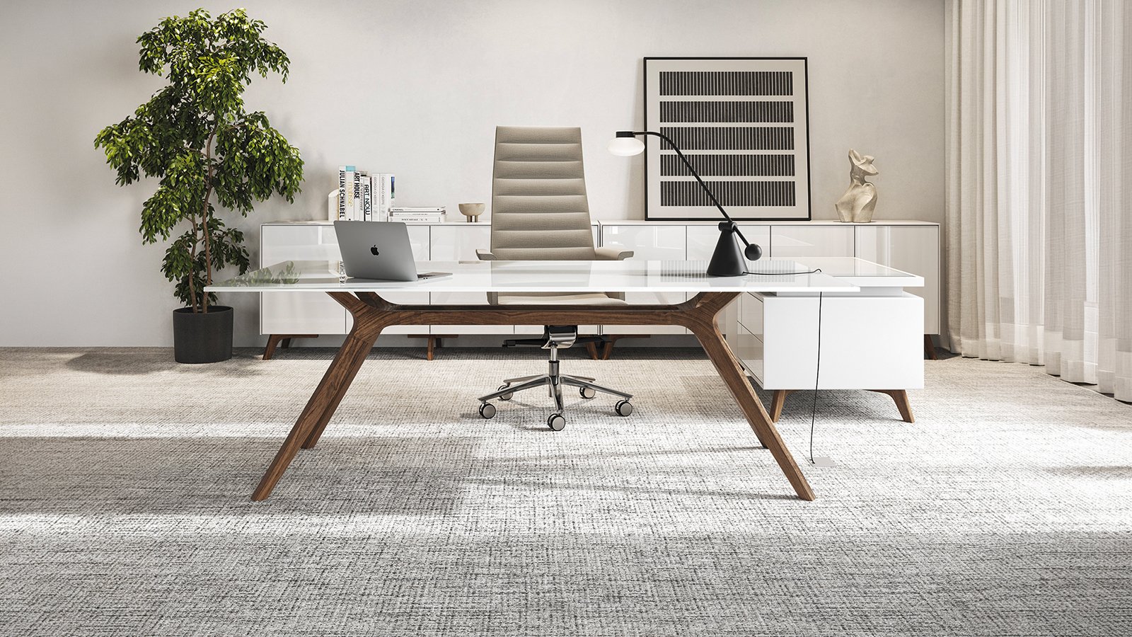 Escritorio de diseño DR de Frezza con estructura de madera maciza lacada en blanco