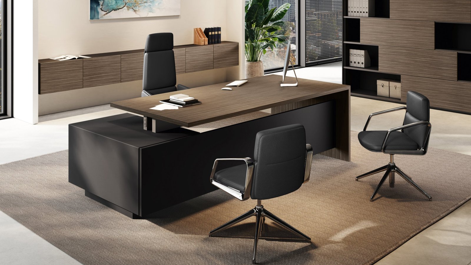 Planta de dirección Elite completa — escritorio, reuniones y boiserie, diseño Progetto CMR