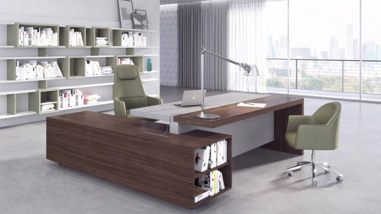 Escritorio de dirección moderno Ducale de Estel, mueble de servicio en escuadra, librería de madera