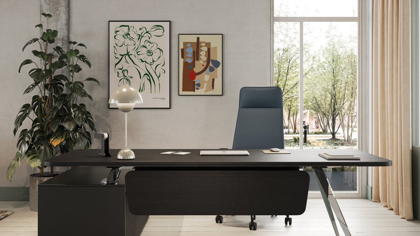 Escritorio ejecutivo Spike de Frezza con mueble de servicio portante