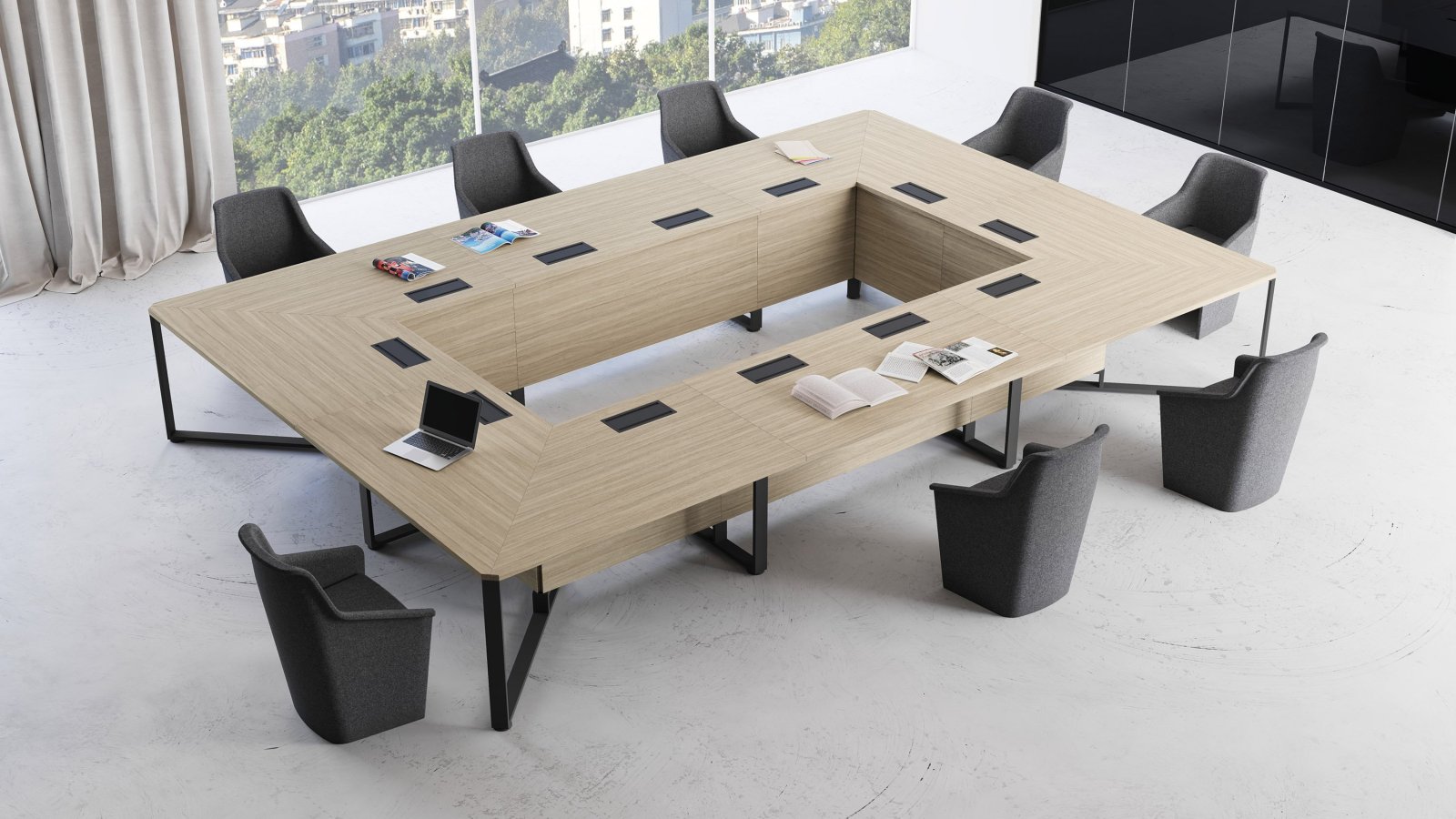 Sala de reuniones equipada con mesa, credencia y atril I-Meet de Las Mobili
