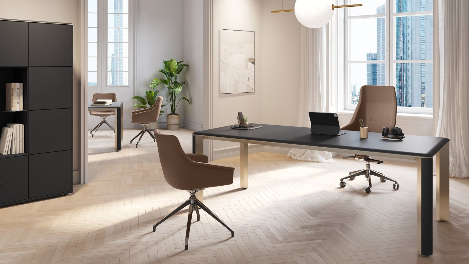 Escritorio moderno de dirección Iulio de Las Mobili con patas de aluminio Inox Grey e inserto efecto madera