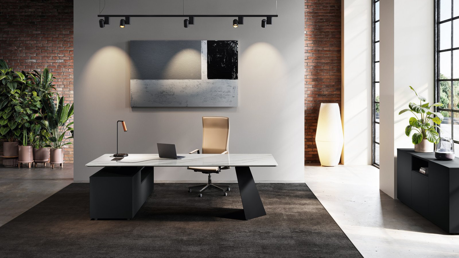 Detalle del sobre cerámico Nero Desirè en la mesa de dirección Monolith