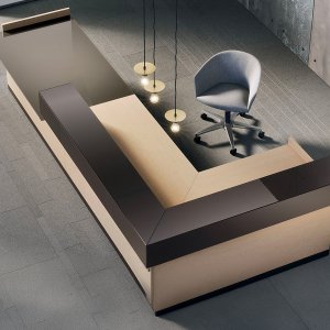 Toki de Archiutti, mostrador de recepción modular en un vestíbulo corporativo