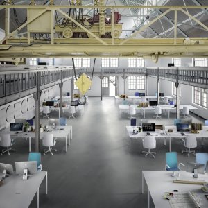 Sala de un banco con mesa Nuur de Arper y sillas