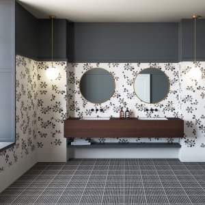 Suelo de gres Chymia de Mutina con texturas en blanco y negro