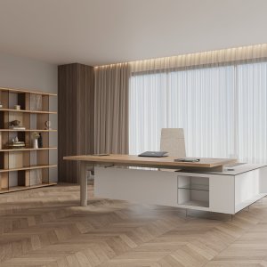 Aparador de tres puertas Cloud, 180 cm, detrás del sillón de dirección