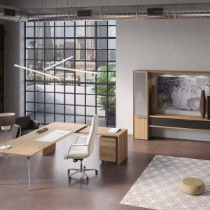 Librería Genesis con puertas abatibles de vidrio satinado y marco de aluminio