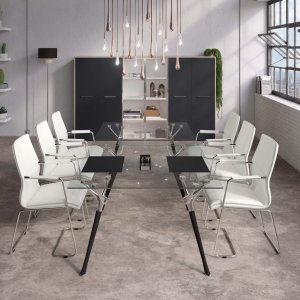 Mesa de reunión modular Genesis en madera con perfil cromado entre tableros