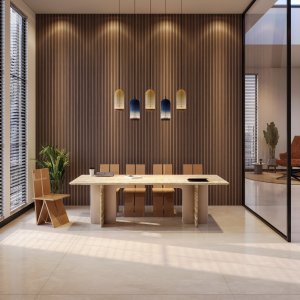 Tablero de travertino romano sobre dos paneles: la mesa de reuniones Ginza de Codutti