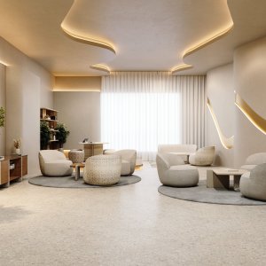 Desde arriba: la redonda Ginza, la pared de listones y las plantas al fondo