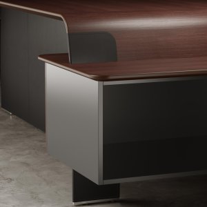 Mesa de reuniones oval AlfaOmega de dieciocho plazas con inserto central de cuero