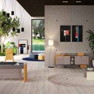 Mesa de reuniones modular One de Codutti para 14 personas con tablero vidrio-madera-vidrio