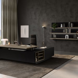 Top-access de aluminio negro con tapa basculante en una mesa de reuniones Elite