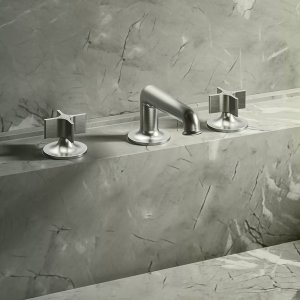 Lavabo mural Flora de Fantini en acabado Mokka con caño y dos manetas empotrados