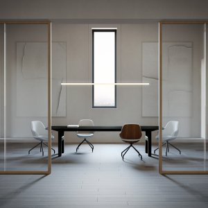 Despacho de dirección con mesa Hito aparador y banca tapizada