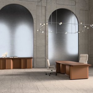 Mesa Jazz Louis con pies de acero y estructura vestida de piel