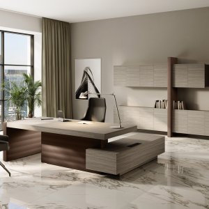 Escritorio italiano de dirección Jera con contenedor lateral y acabado efecto madera