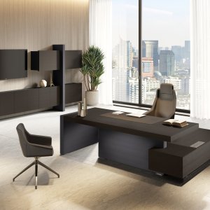 Las Mobili Jera sistema completo — mesa ejecutiva, contenedores totem LED, módulos suspendidos, acabado Wengé 60