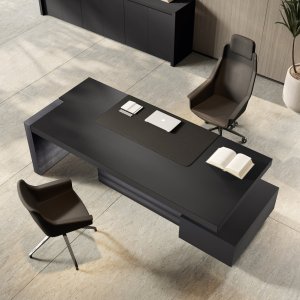 Jera vista superior tablero — 3D-foil Olmo Grey 12, superficie 2.100 × 1.050 mm, mesa ejecutiva