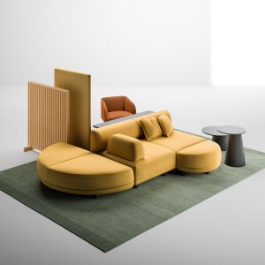 Isla Node+ de 180 × 180 cm con respaldos tapizados en un vestíbulo