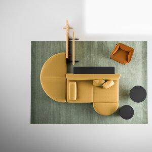 Biombo de madera Node+ sobre su base junto a un sofá lounge