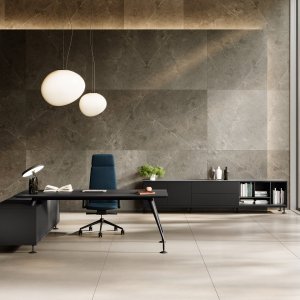 Mesa de reunión Énosi con top-access blanco de aluminio y sobre de vidrio