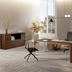 Mesa de reunión circular Iulio sobre columna troncocónica Inox Grey