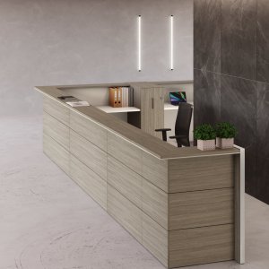 Mostrador de recepción Nice en el vestíbulo de una sede corporativa en Madrid