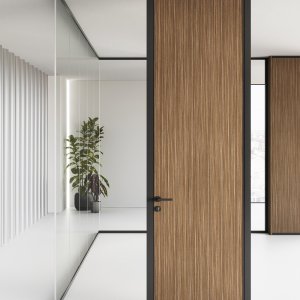 Puerta batiente de madera B1 con marco de aluminio del sistema Mood