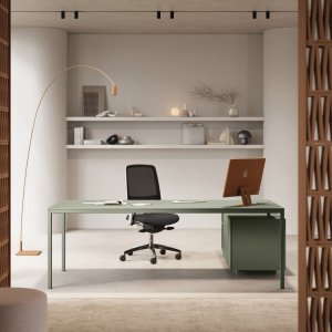 Comby a altura de mesa agregado a una workstation Sigma con estante ranurado
