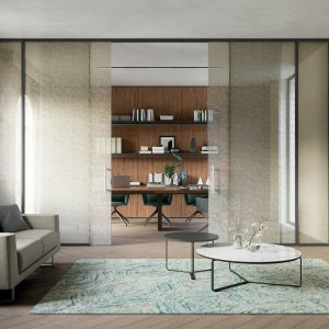 Sala de reuniones delimitada por mamparas de cristal Quadrifoglio
