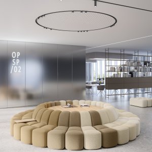 Recepción corporativa con asientos Array de mdf italia