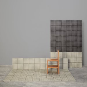 Piezas Aurore Charcoal y Light Blue Grid L colocadas en contraste