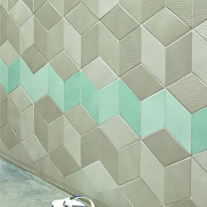 Zona de cafe con pared Tex color Blue y mesas de roble