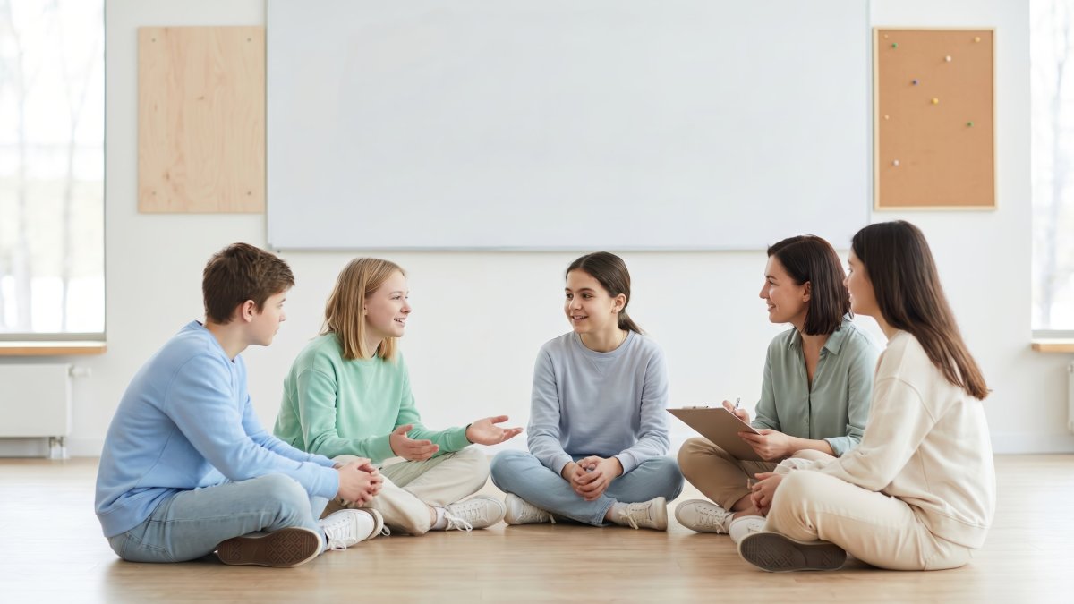 Adolescentes y adultos sentados en círculo en el suelo de un aula luminosa, ante una pizarra blanca